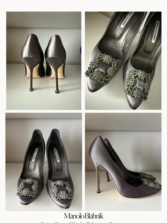 Manolo Blahnik Shoes - Manolo Blahnik Gunmetal Satin Crystal-Buckle Pointed-Toe Pumps